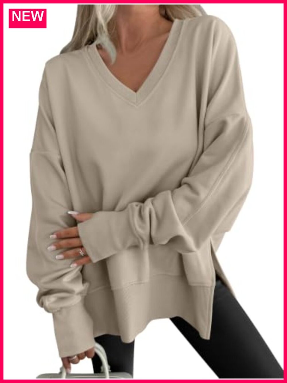 ANRABESS Women's Oversized Fleece Pullover Sweatshirt V-Neck Thumbhole